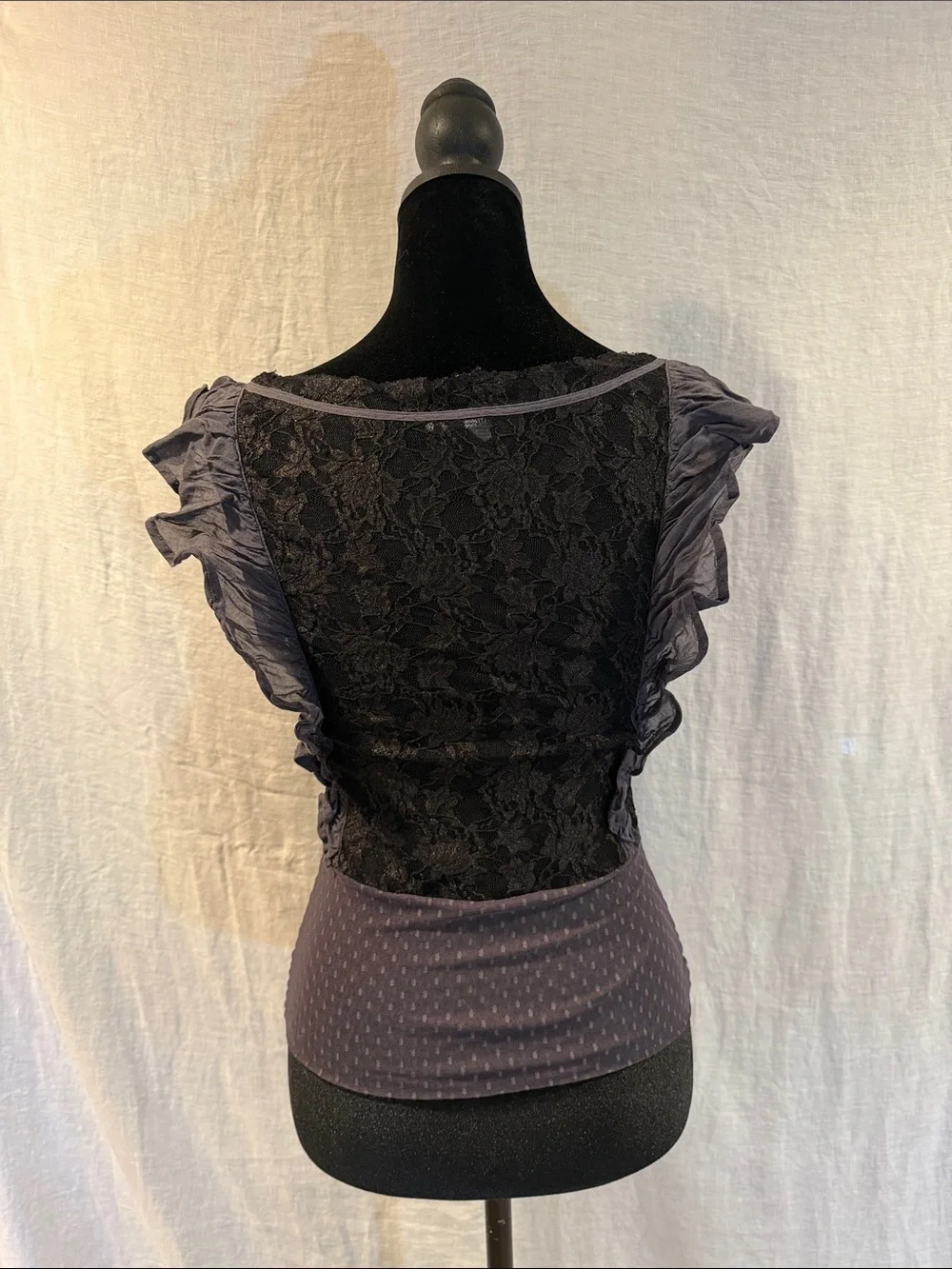 Free People Black Lace Ruffle Mixed-Media Top size 4